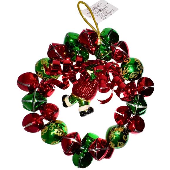 Jingle Bell Christmas Wreath with Snowman Ornament – Red & Green Metal Bells - Picture 2 of 10